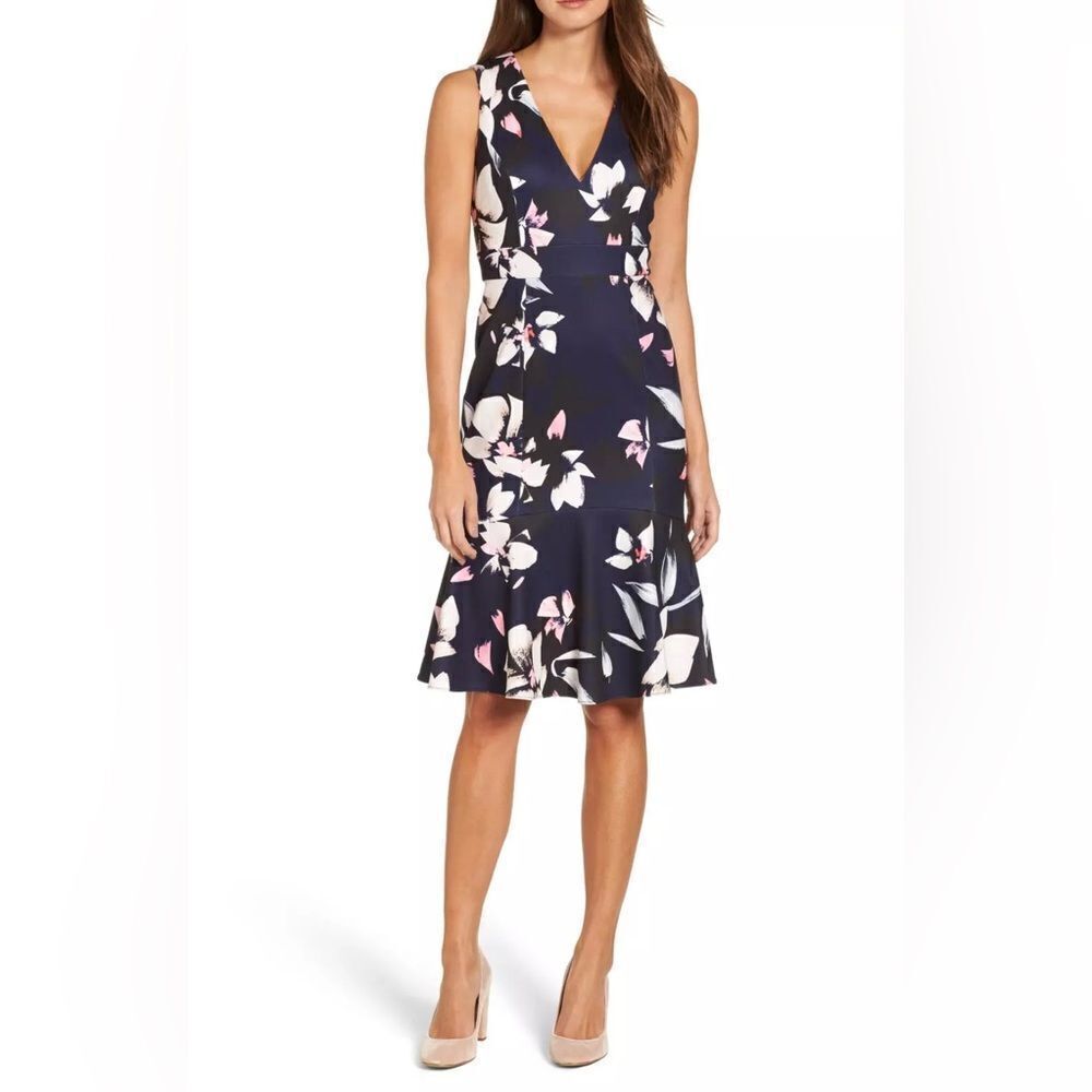 Vince Camuto Navy Blue Black Pink Floral V Neck Cocktail Party Flounce Dress 14